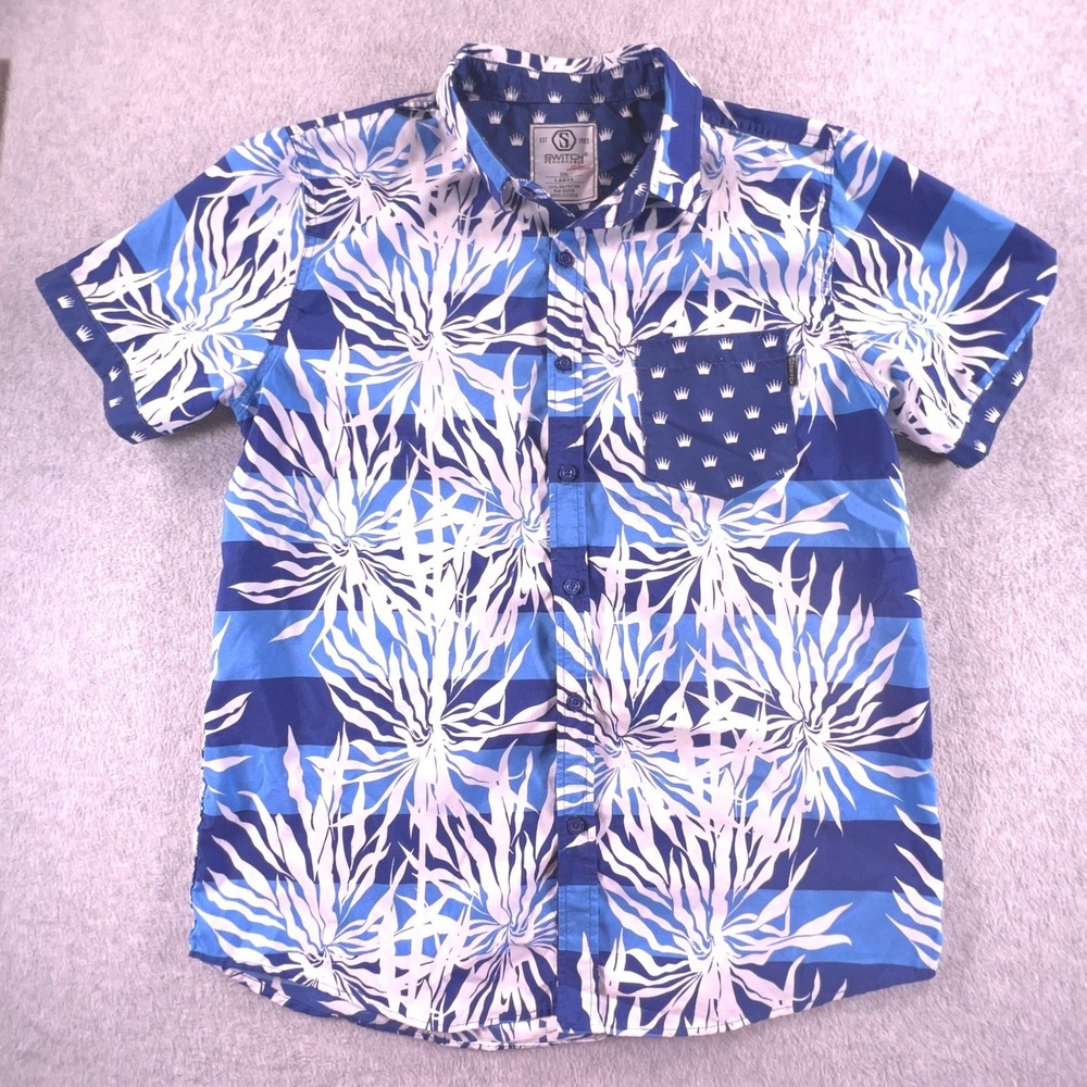 Switch Remarkable Mens Large Blue White floral Short Sleeve Button Shirt